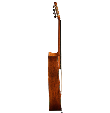 The side of a 2017 Masaki Sakurai "Maestro RF" classical guitar made of spruce and African rosewood