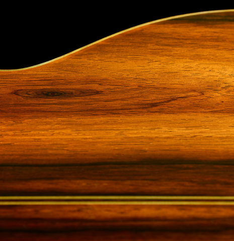 The dramatic grain patterns in the back of a 1982 Masaki Sakurai "Concert" classical guitar made of spruce and CSA rosewood