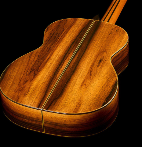 The back and sides of a 1982 Masaki Sakurai "Concert" classical guitar made of spruce and CSA rosewood