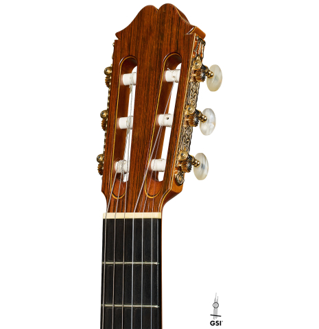 The headstock of a 1982 Masaki Sakurai "Concert" classical guitar made of spruce and CSA rosewood