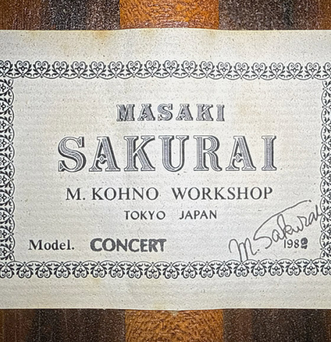 The label of a 1982 Masaki Sakurai "Concert" classical guitar made of spruce and CSA rosewood