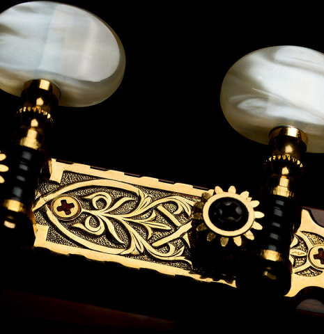 The tuning machines of a 1982 Masaki Sakurai "Concert" classical guitar made of spruce and CSA rosewood