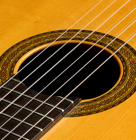 The rosette and soundboard of a 1982 Masaki Sakurai "Concert" classical guitar made of spruce and CSA rosewood