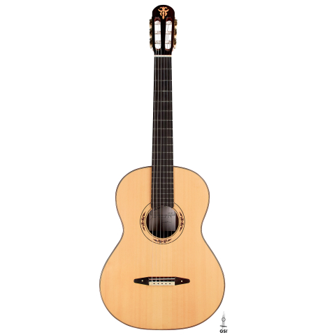 The front of a 2012 Arturo Sanzano &quot;Concierto&quot; classical guitar made with spruce and Indian rosewood