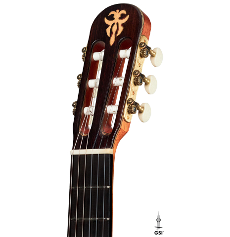 The headstock and machine heads of a 2012 Arturo Sanzano &quot;Concierto&quot; classical guitar made with spruce and Indian rosewood