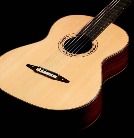 The soundboard of a 2012 Arturo Sanzano &quot;Concierto&quot; classical guitar made with spruce and Indian rosewood