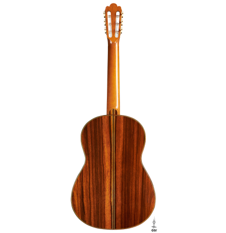 The back of a 2022 Adrien Savary Freestone "Garcia" classical guitar made of spruce and CSA rosewood