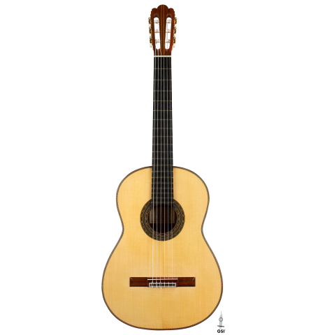 The front of a 2022 Adrien Savary Freestone "Garcia" classical guitar made of spruce and CSA rosewood