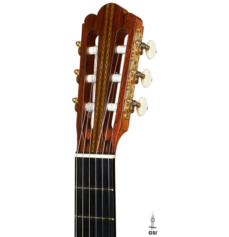 The headstock of a 2022 Adrien Savary Freestone "Garcia" classical guitar made of spruce and CSA rosewood