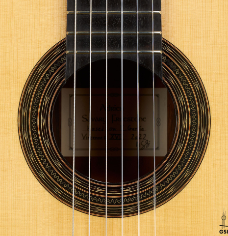 The rosette of a 2022 Adrien Savary Freestone "Garcia" classical guitar made of spruce and CSA rosewood