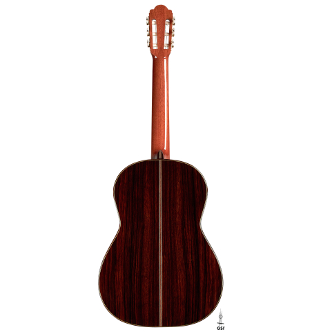 The back of a 2008 David Schramm "Hauser" made with spruce and Indian rosewood.
