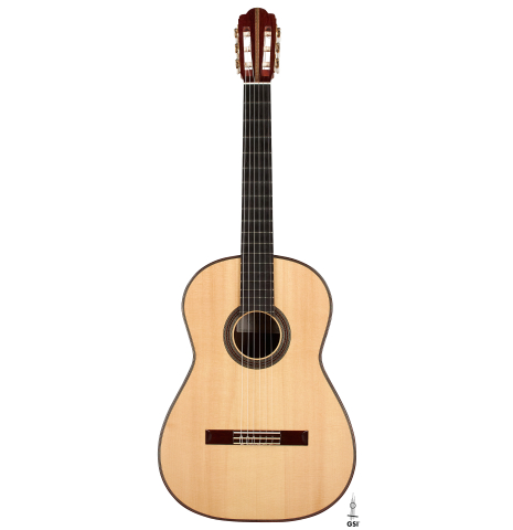 The front of a 2008 David Schramm "Hauser" made with spruce and Indian rosewood.