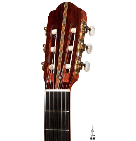 The headstock of a 2008 David Schramm "Hauser" made with spruce and Indian rosewood.
