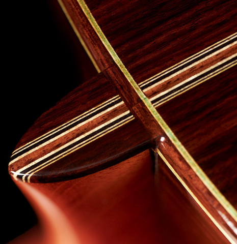 The heel of a 2008 David Schramm "Hauser" made with spruce and Indian rosewood.