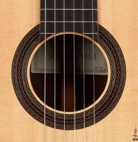 The rosette of a 2008 David Schramm "Hauser" made with spruce and Indian rosewood.