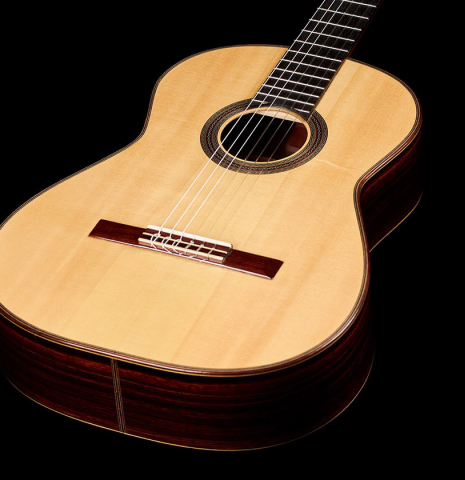 The front of a 2008 David Schramm "Hauser" made with spruce and Indian rosewood.