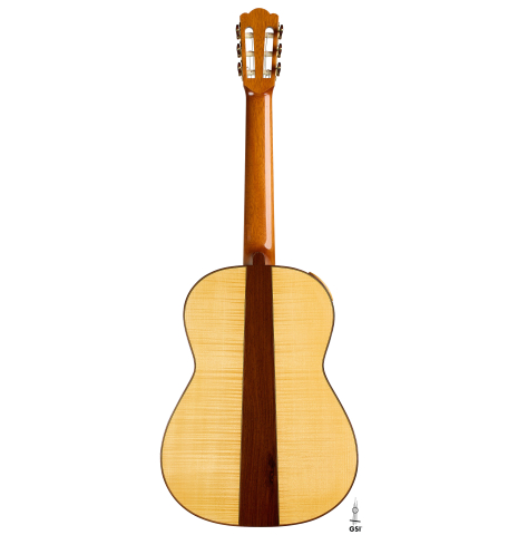 The back of a 2022 Douglass Scott "635" classical guitar made of spruce and maple