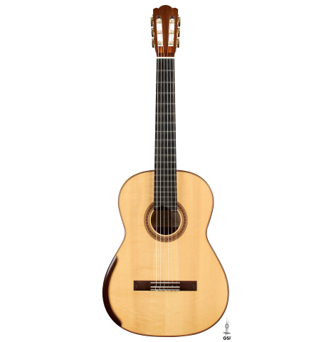 The front of a 2022 Douglass Scott "635" classical guitar made of spruce and maple