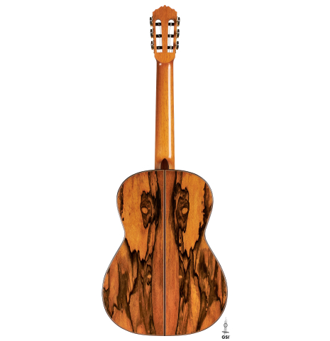 The back of a 2023 Christoph Sembdner classical guitar made of cedar and exotic ebony