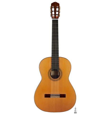 The front of a 2023 Christoph Sembdner classical guitar made of cedar and exotic ebony