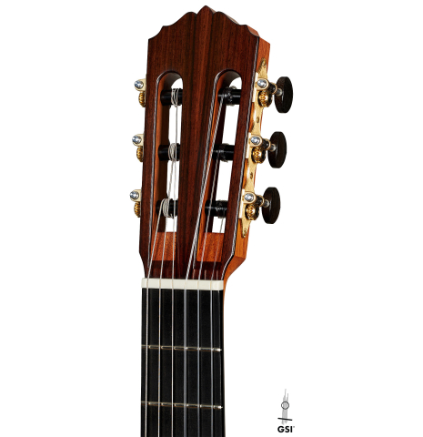 The headstock of a 2023 Christoph Sembdner classical guitar made of cedar and exotic ebony