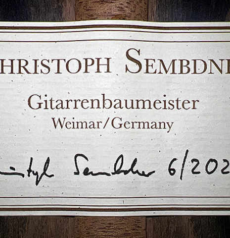 The label of a 2023 Christoph Sembdner classical guitar made of cedar and exotic ebony
