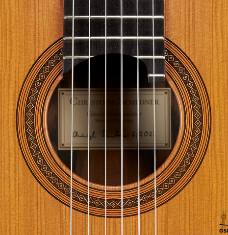 The rosette of a 2023 Christoph Sembdner classical guitar made of cedar and exotic ebony
