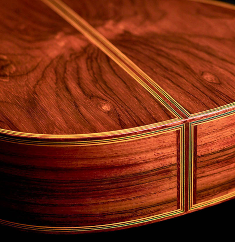 The back and sides of a 2016 Federico Sheppard “Simplicio 1927, ex Barrios” (ex Pavel Steidl) classical guitar made with spruce and CSA rosewood
