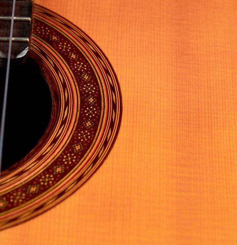 The soundboard and rosette of a 2016 Federico Sheppard “Simplicio 1927, ex Barrios” (ex Pavel Steidl) classical guitar made with spruce and CSA rosewood
