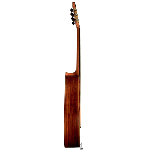 The side of a 2016 Federico Sheppard “Simplicio 1927, ex Barrios” (ex Pavel Steidl) classical guitar made with spruce and CSA rosewood