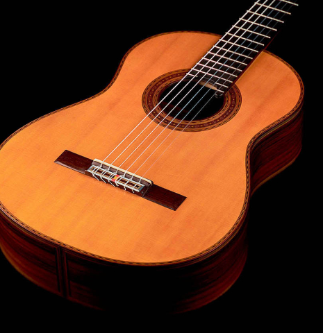 The soundboard of a 2016 Federico Sheppard “Simplicio 1927, ex Barrios” (ex Pavel Steidl) classical guitar made with spruce and CSA rosewood