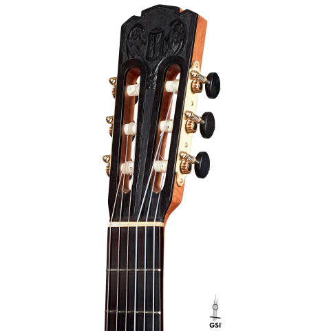 The headstock and tuners of a 2016 Federico Sheppard “Simplicio 1927, ex Barrios” (ex Pavel Steidl) classical guitar made with spruce and CSA rosewood