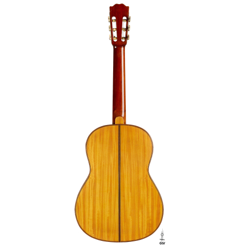 The back of a 1929 Francisco Simplicio classical guitar made of spruce and satinwood