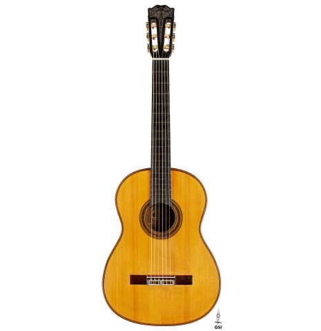 The front of a 1929 Francisco Simplicio classical guitar made of spruce and satinwood