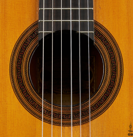 The rosette of a 1929 Francisco Simplicio classical guitar made of spruce and satinwood