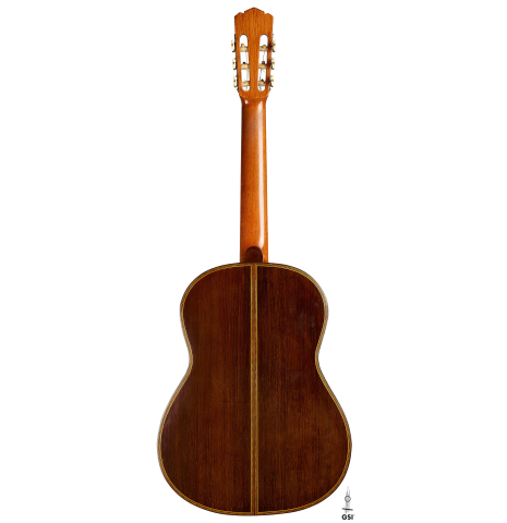 The back of a 1923 Francisco Simplicio classical guitar made of spruce and CSA rosewood