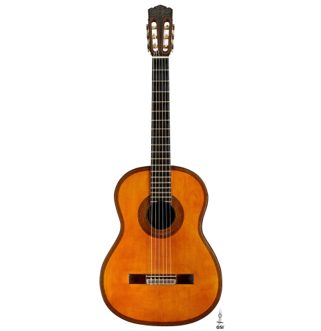 The front of a 1923 Francisco Simplicio classical guitar made of spruce and CSA rosewood
