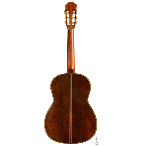 The back of a 1926 Francisco Simplicio classical guitar made of spruce and CSA rosewood