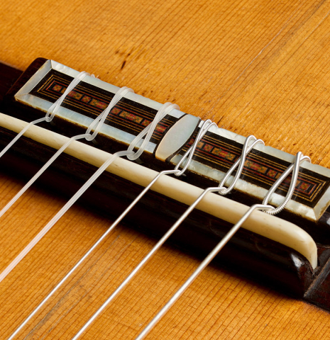 The bridge, tie-block and saddle of a 1926 Francisco Simplicio classical guitar made of spruce and CSA rosewood
