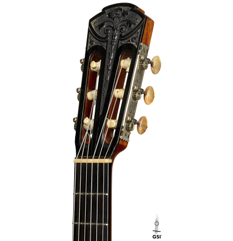 The headstock of a 1926 Francisco Simplicio classical guitar made of spruce and CSA rosewood