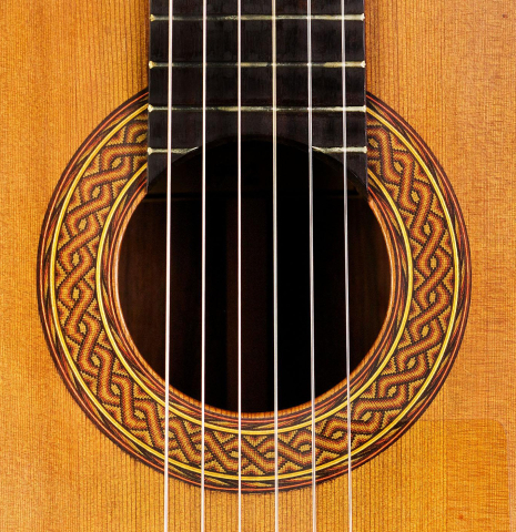 The rosette of a 1992 Greg Smallman made with cedar and CSA rosewood.
