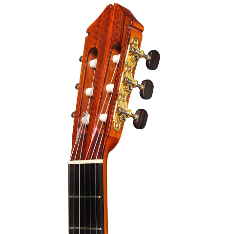 The headstock of a 1992 Greg Smallman made with cedar and CSA rosewood.