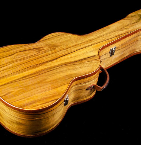 The wooden case of a The soundboard of a 1992 Greg Smallman made with cedar and CSA rosewood.