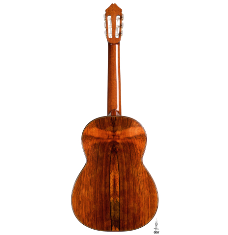 The back of a 1999 Greg Smallman classical guitar made of cedar and CSA rosewood