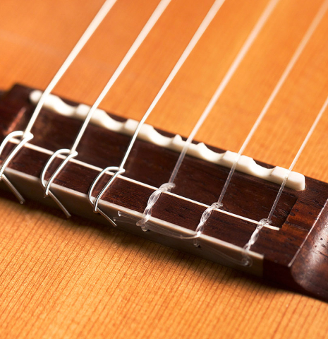 The bridge and and saddle of a 1999 Greg Smallman classical guitar made of cedar and CSA rosewood