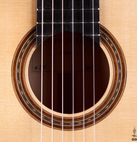 The rosette of a 2019 Youri Soroka "Torres" classical guitar made with spruce and maple.