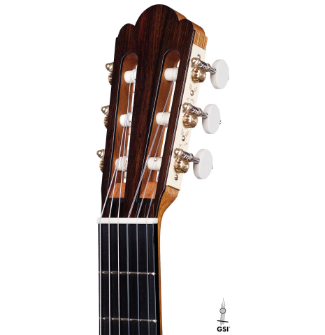 The headstock of a 2019 Youri Soroka "Torres" classical guitar made with spruce and maple.