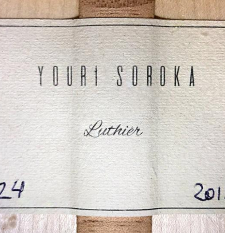 The label of a 2019 Youri Soroka "Torres" classical guitar made with spruce and maple.