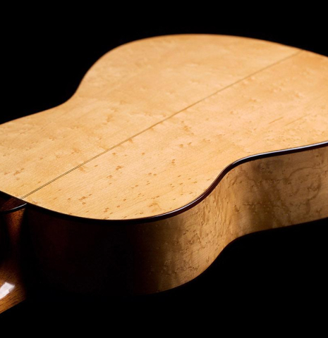 The back of a 2019 Youri Soroka "Torres" classical guitar made with spruce and maple.