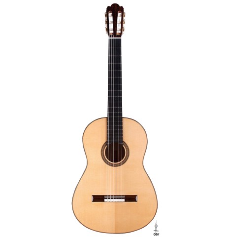 The front of a 2019 Youri Soroka "Torres" classical guitar made with spruce and maple.